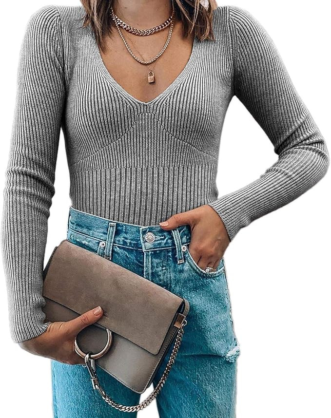 MISUMALLS Women's V Neck Long Sleeve Sweaters Ribbed Knit Casual Solid Pullover Jumper Tops at Am... | Amazon (US)