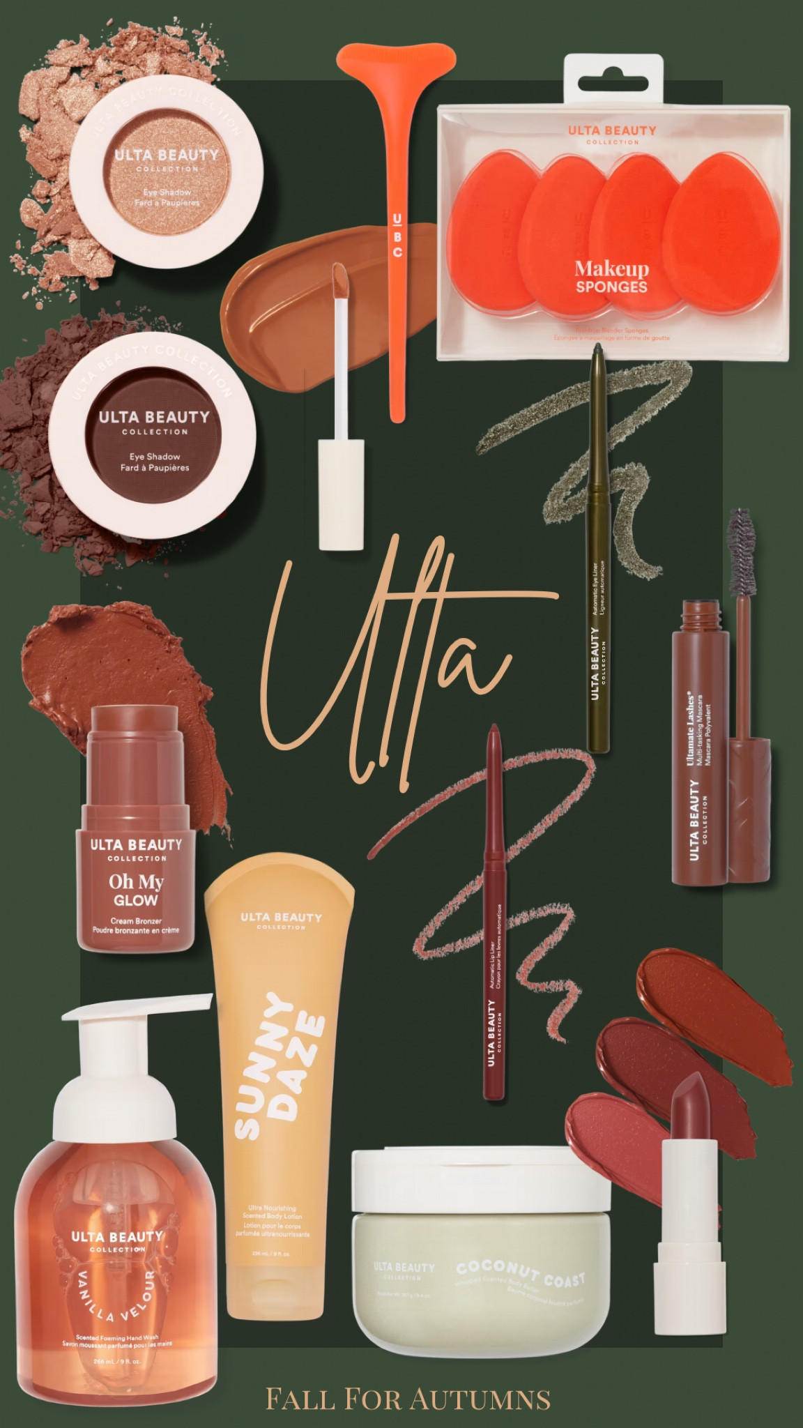Ulta brand gifts for autumns, true autumn, dark autumn, soft autumn, vibrant autumn, warm autumn, house of color autumn, color analysis, gift guide. Makeup, beauty gifts, under $10, gift exchange, olive green eye liner, bronzer, eye shadow, chocolate, espresso, matte eyeshadow, gel liner, lip stick, drugstore, budget, body wash, body cream, soap, beauty blender, sponge, stocking stuffer, teen, preteen, favorite thing, secret Santa, body butter, whipped, warm undertone, 

#LTKBeauty #LTKGiftGuide #LTKSaleAlert