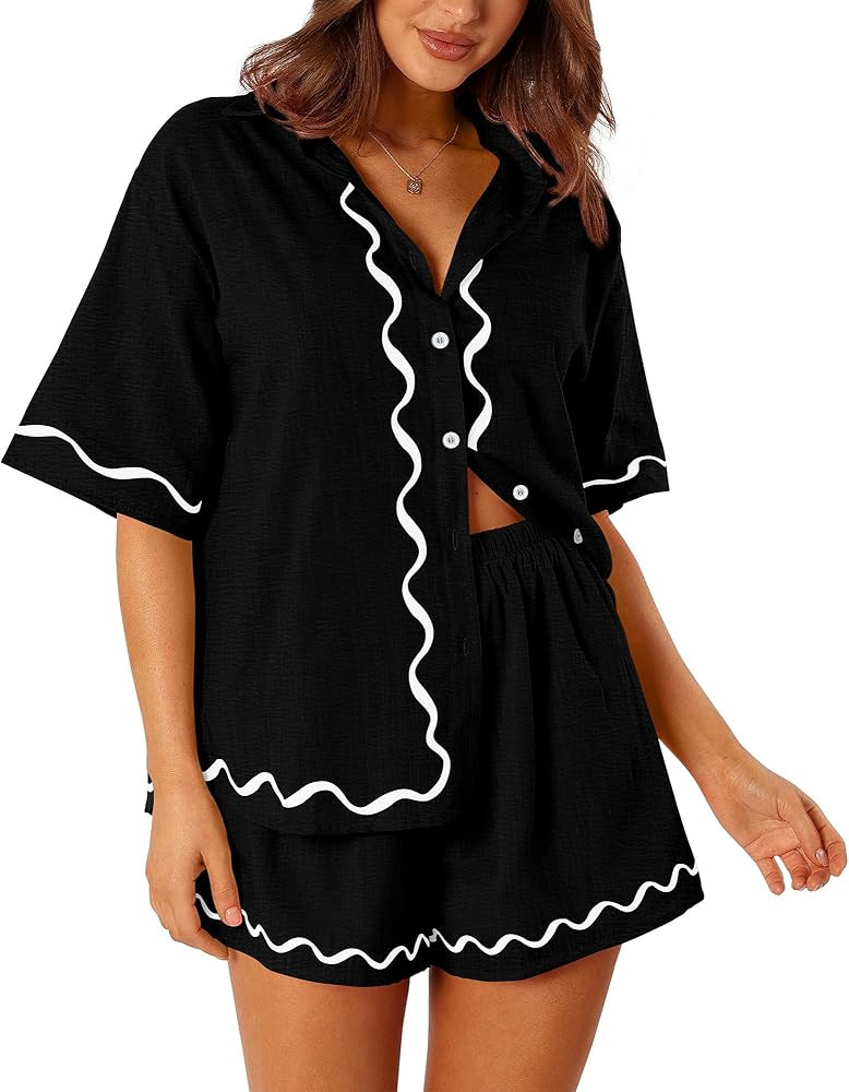 PRETTYGARDEN Women's Casual 2 Piece Outfits Summer Button Down Shirts Tops and Lounge Shorts Paja... | Amazon (US)