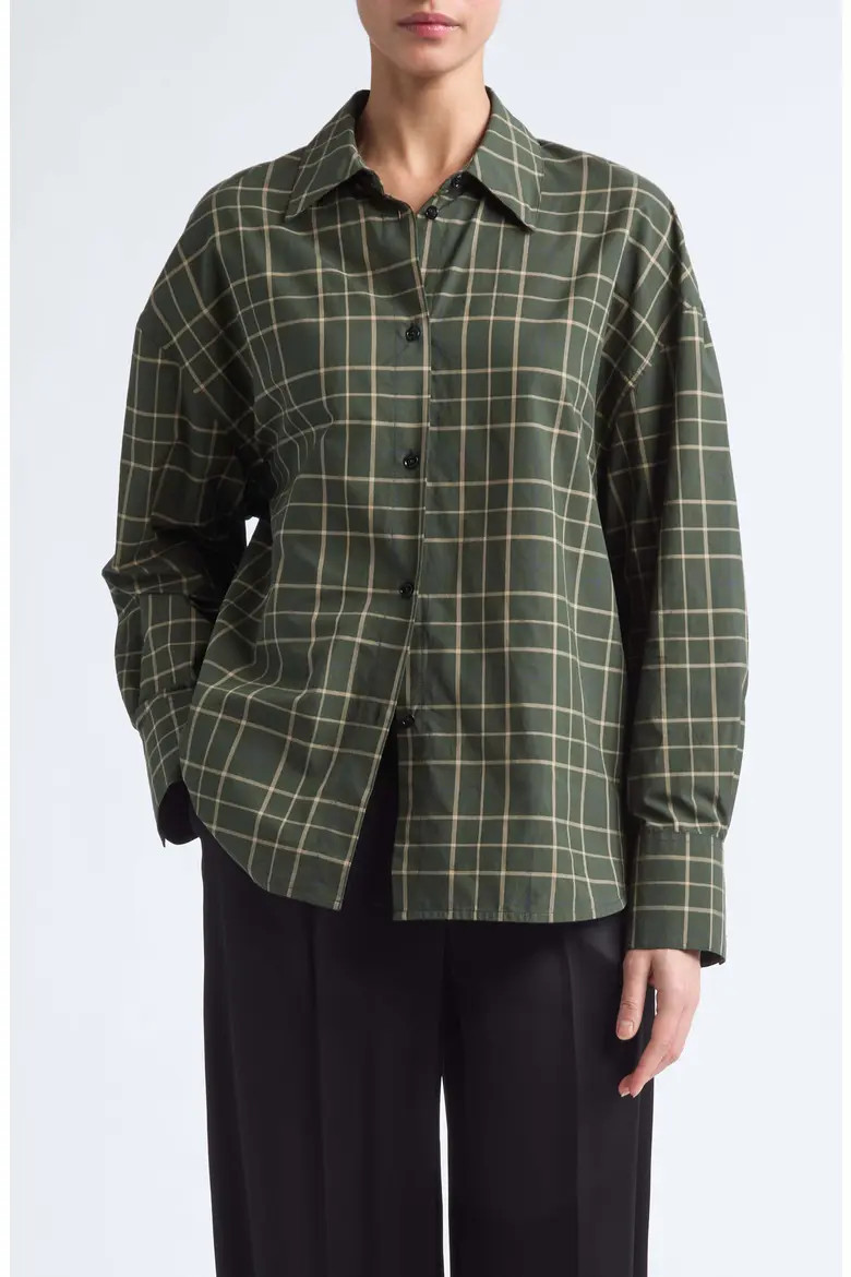 TOTEME Boxy Long Sleeve Button Down Shirt in Pine/popcorn at Nordstrom, Size 34 | Nordstrom