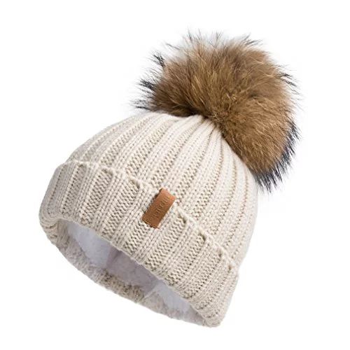 Womens Knit Beanies Hats with Faux Fur Pom Bobble Hat Skull Cap Cable Beanie for Women | Walmart (US)