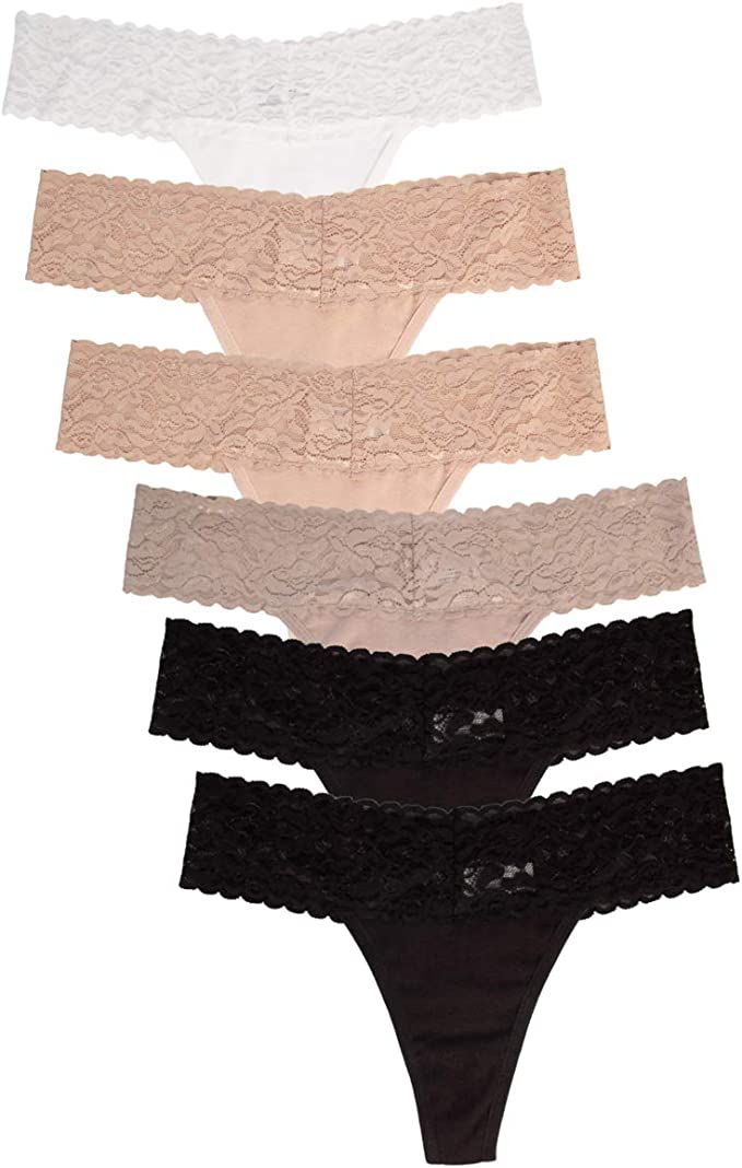 Jo & Bette (6 Pack Cotton Womens Thong Underwear Lace Trim Soft Sexy Lingerie Panties Set | Amazon (US)