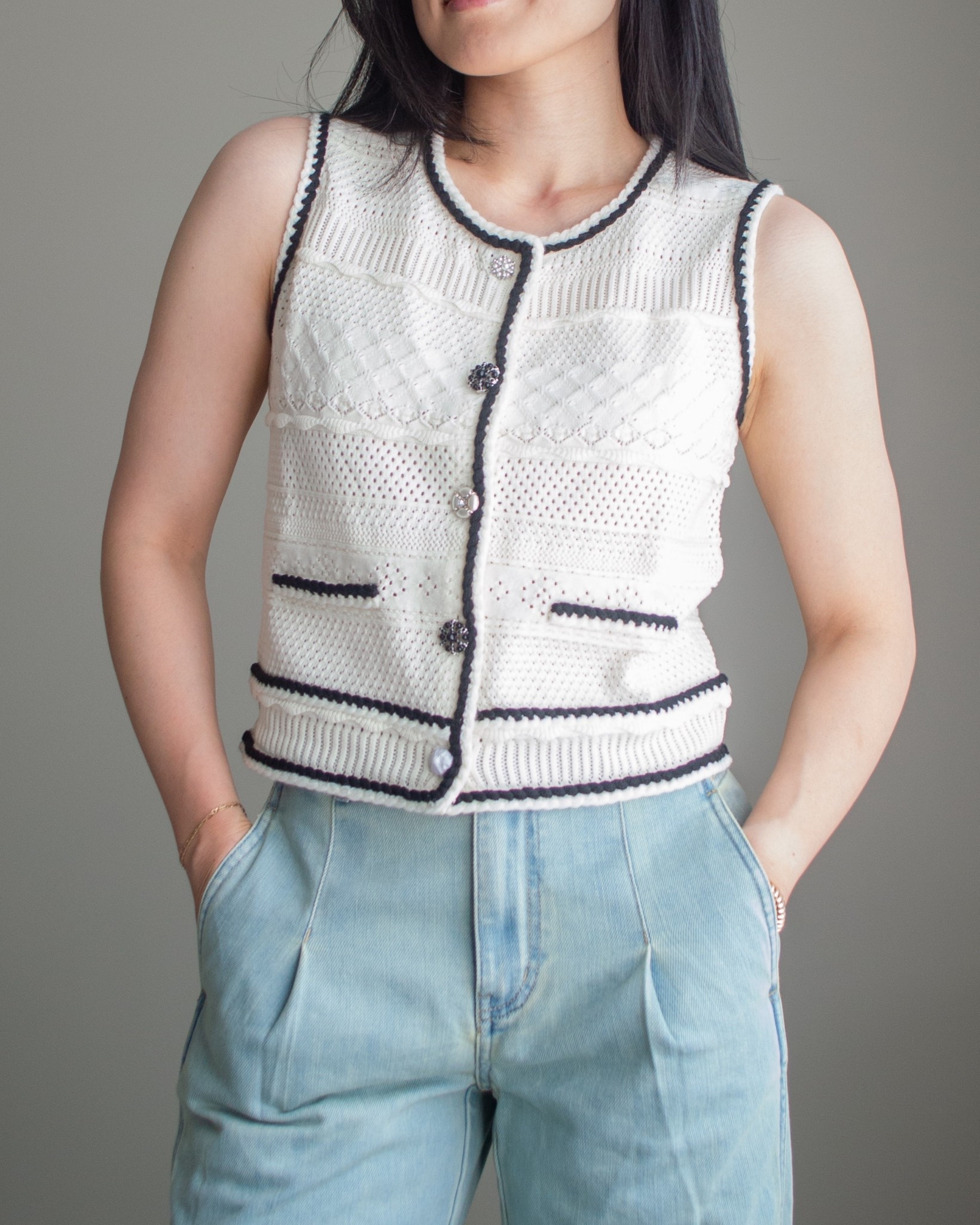 Love this pairing of an intricate, uniquely designed knit vest with a pair of petite-friendly light wash jeans. Wearing the Silvy vest (XS)  + Cici jeans (XS/P - petite friendly sizing!) from Fabrique. Use code mySharon for 15% off your first order!

#LTKStyleTip #LTKPetite