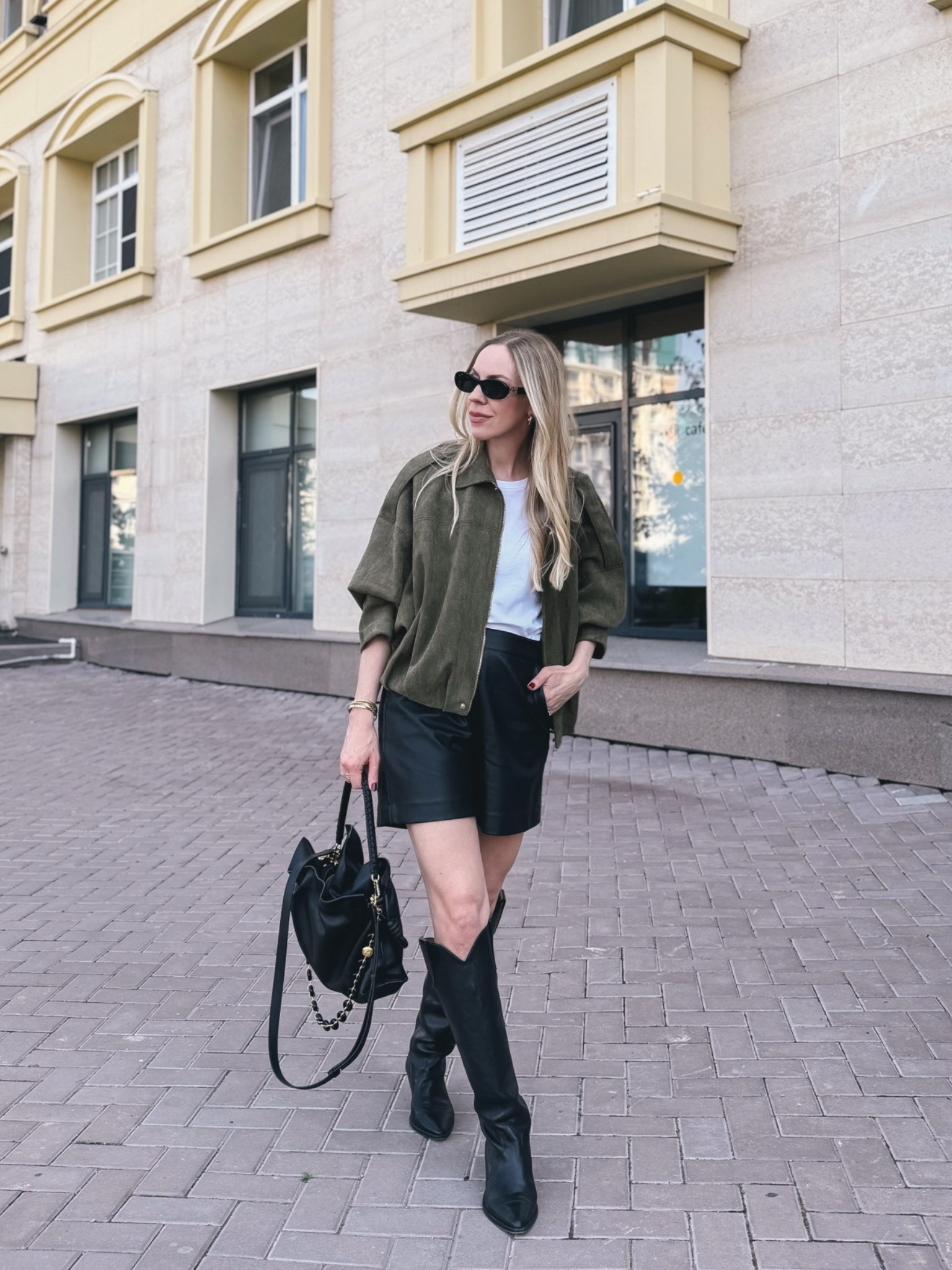 Early fall style, army green faux suede jacket, leather shorts, cowboy boots, western style

#LTKSeasonal #LTKOver40