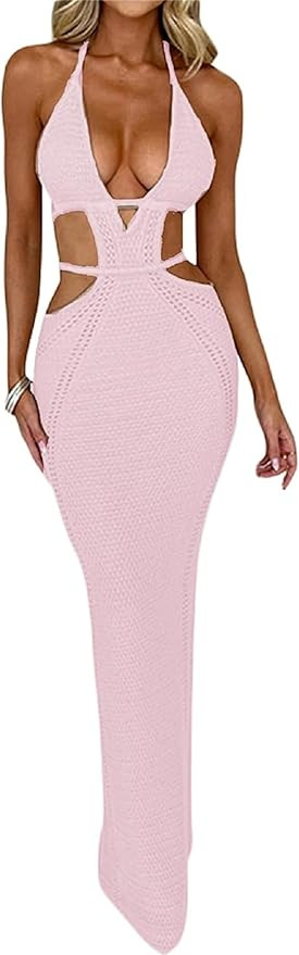 Women Sexy Crochet Maxi Dress Cut Out Halter V Neck Backless Knit Bodycon Long Dress Summer Beach... | Amazon (US)