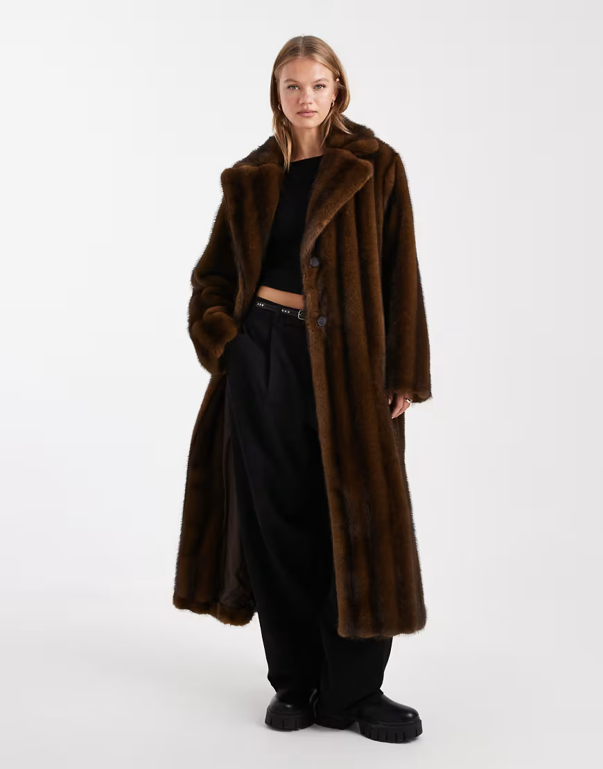 ASOS DESIGN vintage longline faux fur coat in brown | ASOS (Global)