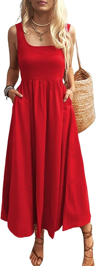 Women's Maxi Dress Summer Sleeveless Swing Sundress Casual Loose Tank Long Dresses with Pockets | Amazon (US)