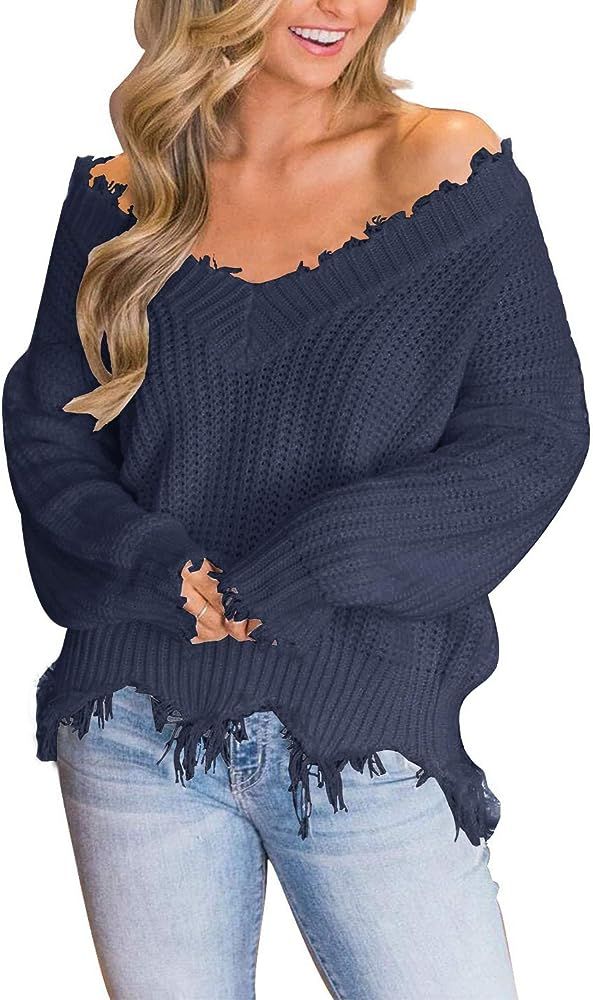 LAMISSCHE Womens Loose Knitted Off The Shoulder Sweater Solid V Neck Long Sleeve Pullover Ripped ... | Amazon (US)