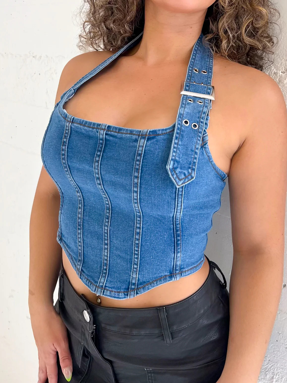 Destiny Halter Top (Dark Denim) Medium | Laura's Boutique, Inc