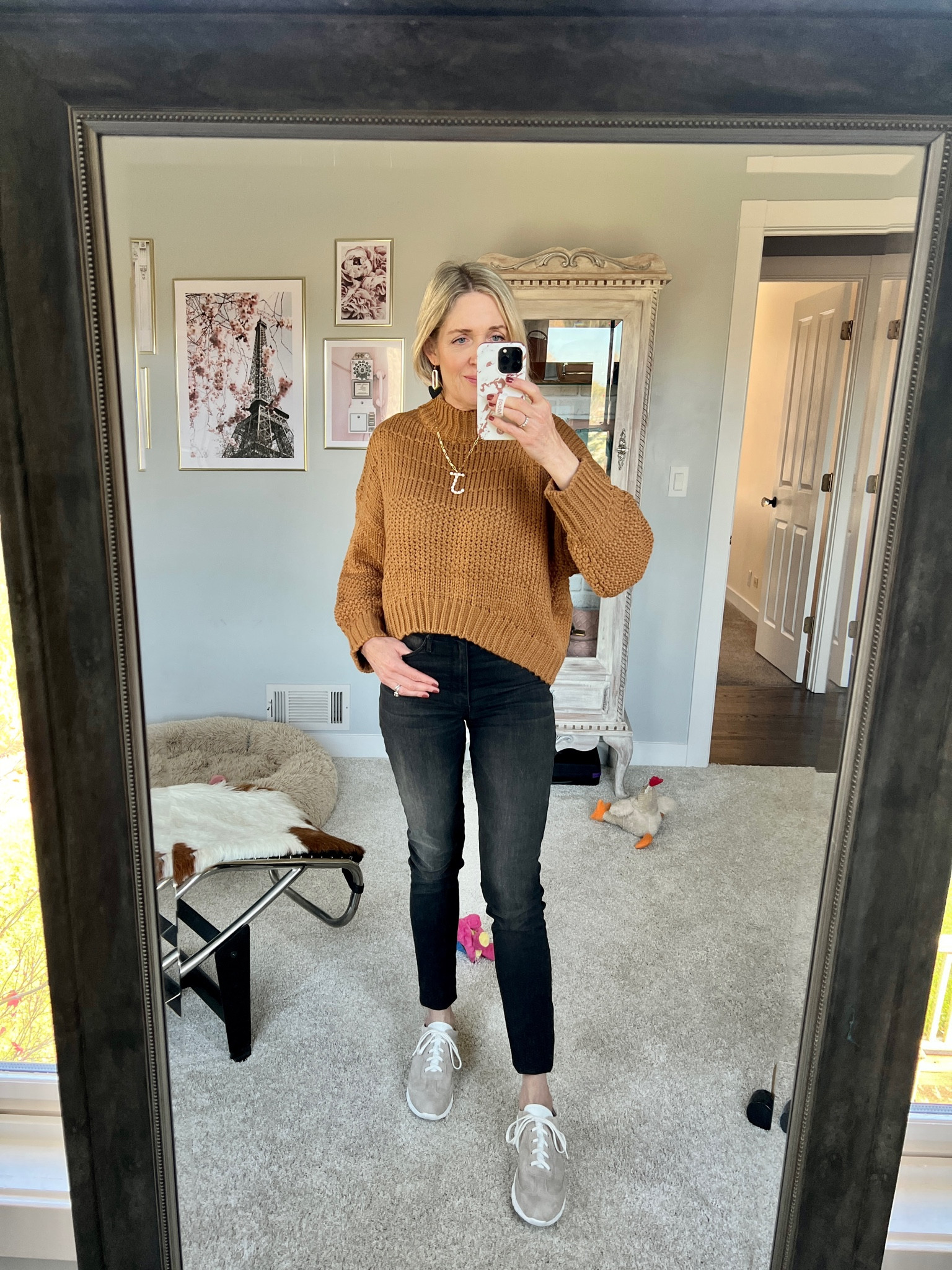Outfit of the day. Carmel cropped sweater, black skinny jeans, sneakers, pearl initial necklace.

#LTKunder100 #LTKSeasonal #LTKshoecrush