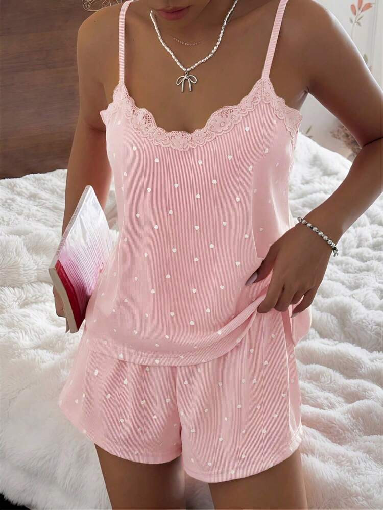CottageSlumber Women's Pajama Set, Knitted Rib Fabric, Heart Print Patchwork With Lace Trim, Roma... | SHEIN