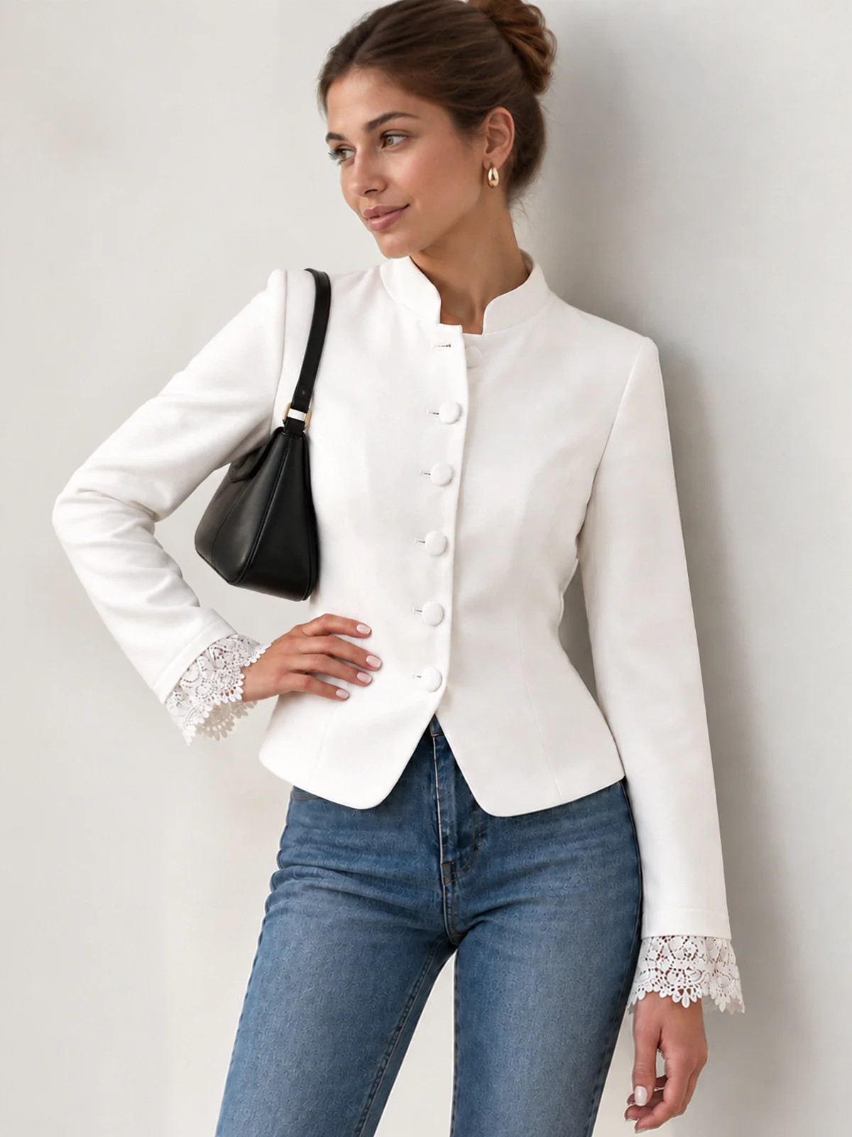 Lace Cuff Stand Collar Fitted Jacket | Commense