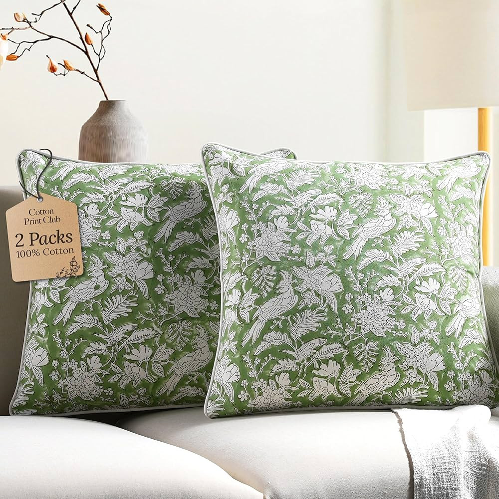 CPC 100% Cotton Throw Pillow Covers 24x24 Inch, Set of 2 Green Block Print Pattern Couch Pillow, ... | Amazon (US)
