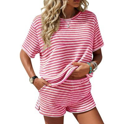 YESFASHION Women's Color Stripe Round Neck 2 Piece Set Short Sleeve Side Split Shorts Casual Summer Loungewear Outfit,S,Pink | Target