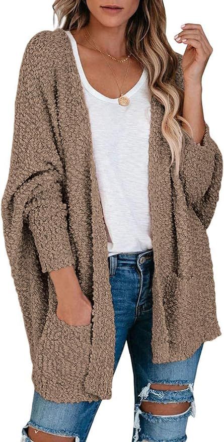 TECREW Women's Fuzzy Popcorn Cardigan Batwing Sleeve Open Front Chunky Pockets Sweater Outwear | Amazon (US)