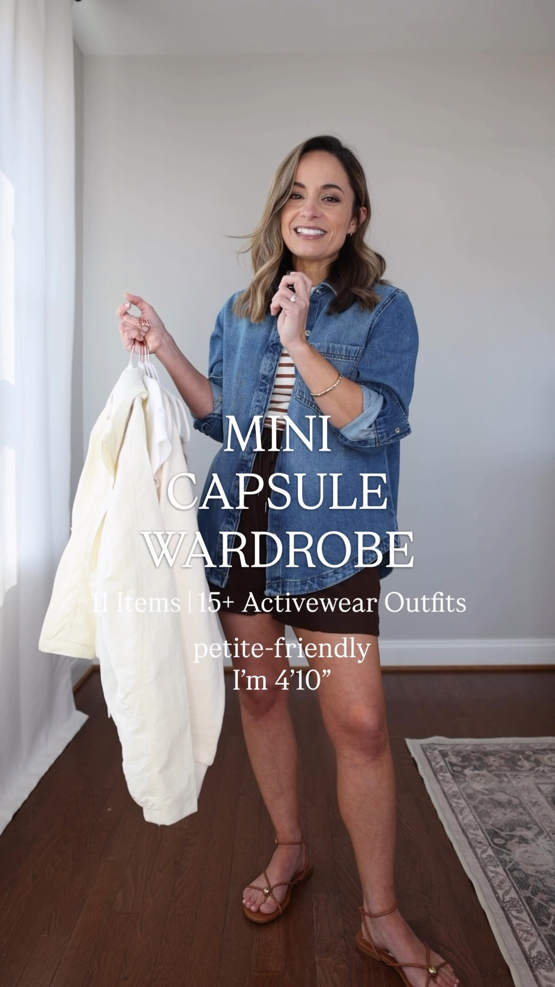 A mini capsule wardrobe with a casual active focus. I styled 3 activewear bottoms with 4 tops, 1 jacket, and 3 pairs of shoes for 15+ outfits. 

Bottoms 
Joggers (Athleta): petite xxs - 25.5” inseam
Linen pants (Athleta): petite xxs - 28” inseam 
Linen shorts (Athleta): xxs 

Tops
White t-shirt (Quince): xs 
Tank top (J.Crew Factory): xxs 
Denim top (Walmart): xs 
Sweatshirt (Athleta): xxs

Jacket (Quince): xs 

Shoes
Gola sneakers: true to size 
On sneakers: true to size 
Dolce Vita sneakers: true to size, snug across toes and requires break in 

My measurements for reference: I’m 4’10” and 105lbs. My bust, waist, and hip measurement is 32”, 24”, and 36”.

#LTKActive #LTKPetite
