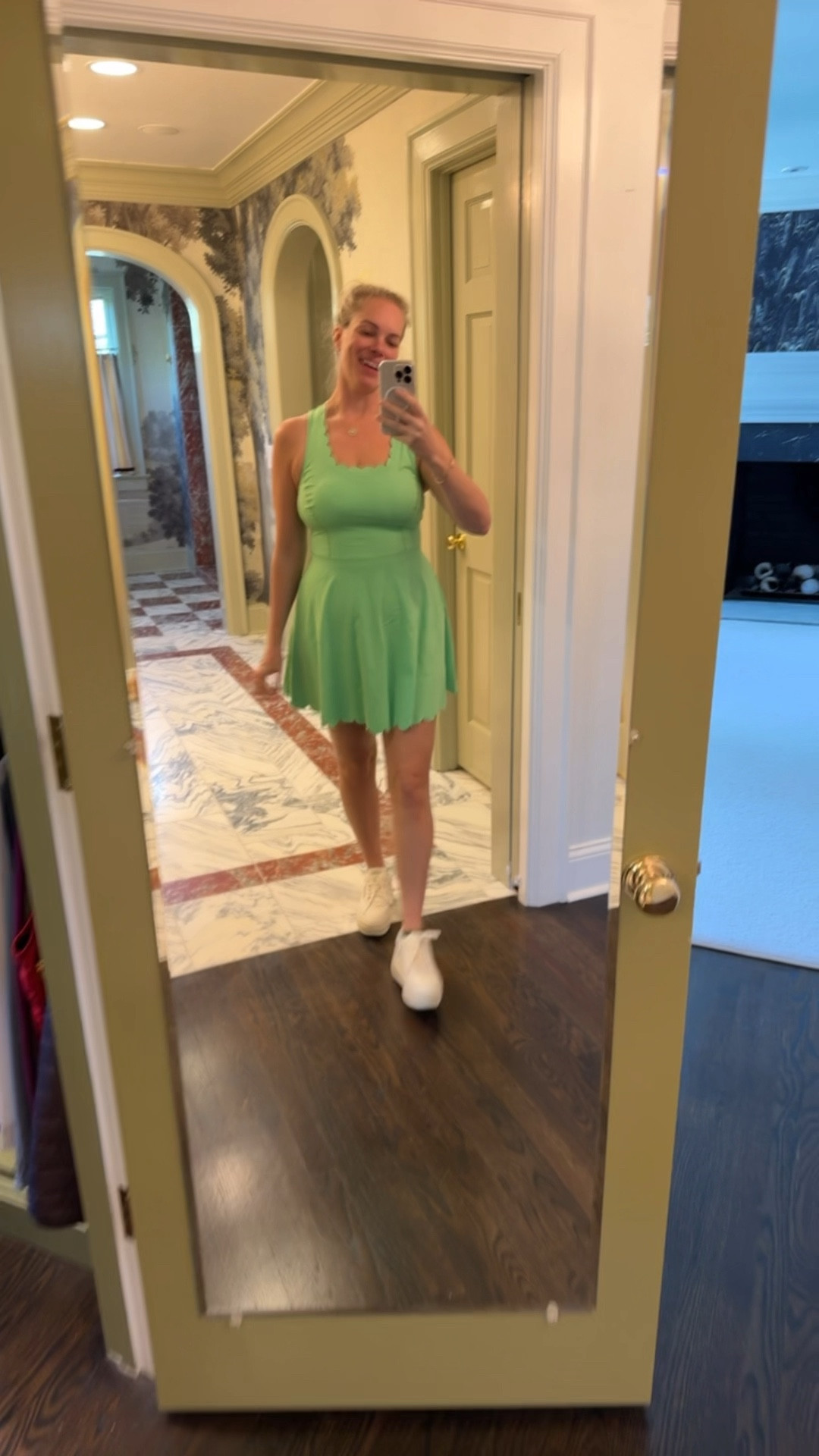 Cutest green scalloped athletic dress that works for maternity! I’m wearing a M and it comes in 11 different colors! There is a built-in bra and i love that the shorts underneath are separate from the dress and not attached 💚 these platform sneakers are over 30% off and so cool for spring, too! Maternity workout outfit, golf dress, tennis dress, pickleball outfitt

#LTKWatchNow #LTKFindsUnder50 #LTKBump