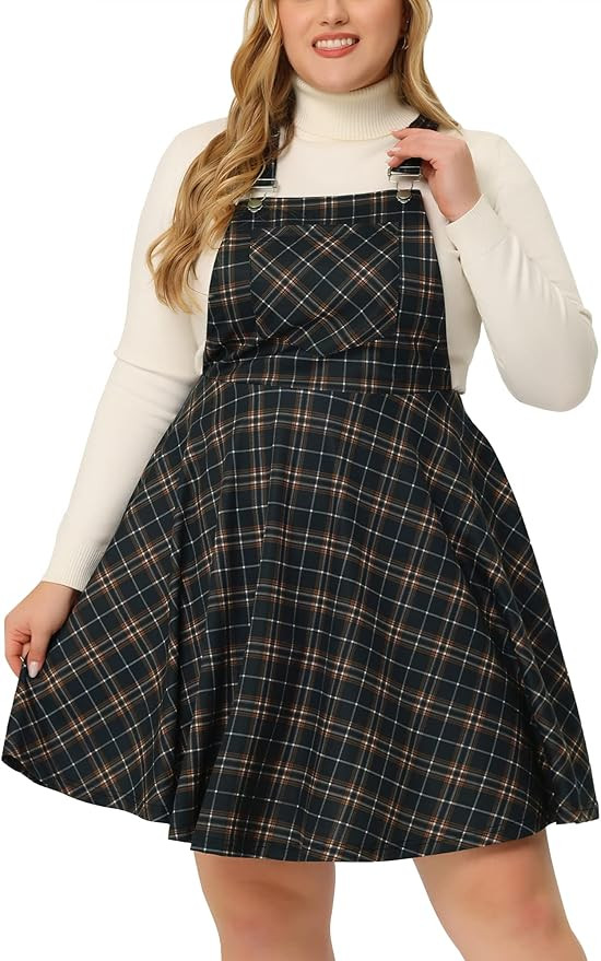 Agnes Orinda Women's Plus Size Overall Pinafore Dress Casual Plaid Printed Swing Adjustable Strap... | Amazon (US)