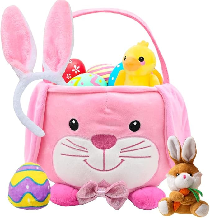 UMEELR Fluffy Bunny Easter Basket for Kids, Cute Basket Playset with Stuffed Plush Duck Keychains... | Amazon (US)