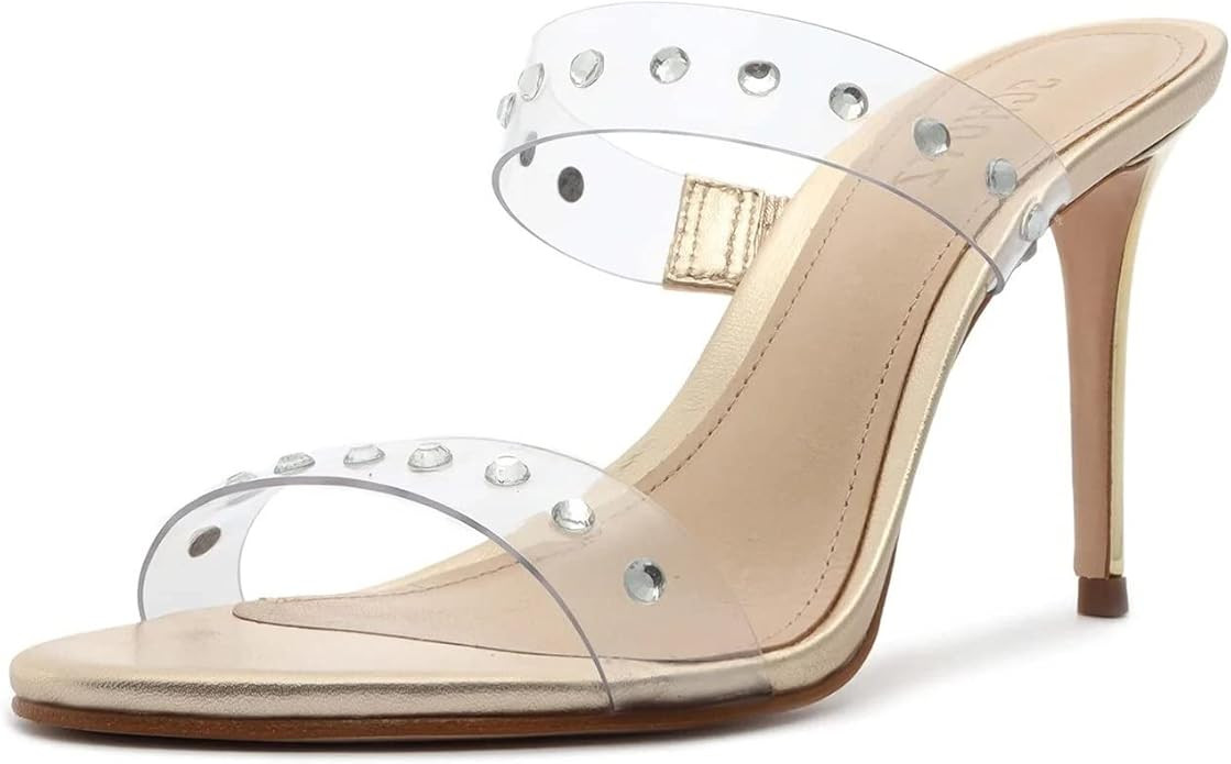 SCHUTZ Ariella Crystal Mule Metallic Clear Strap Slip On Open Toe Heel Sandals | Amazon (US)