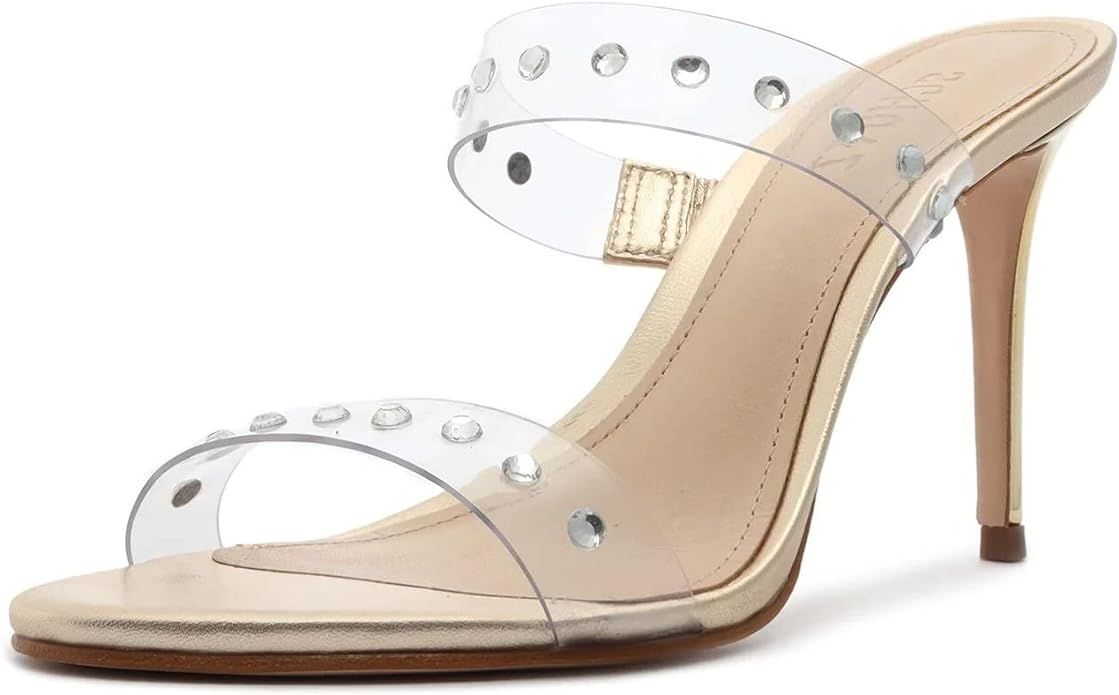 SCHUTZ Ariella Crystal Mule Metallic Clear Strap Slip On Open Toe Heel Sandals | Amazon (US)