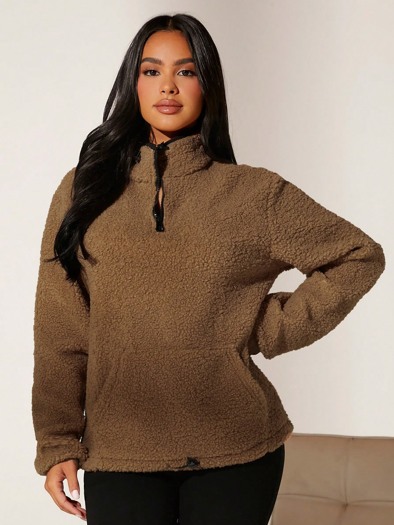 SHEIN SXY Half Zip Kangaroo Pocket Teddy Sweatshirt | SHEIN