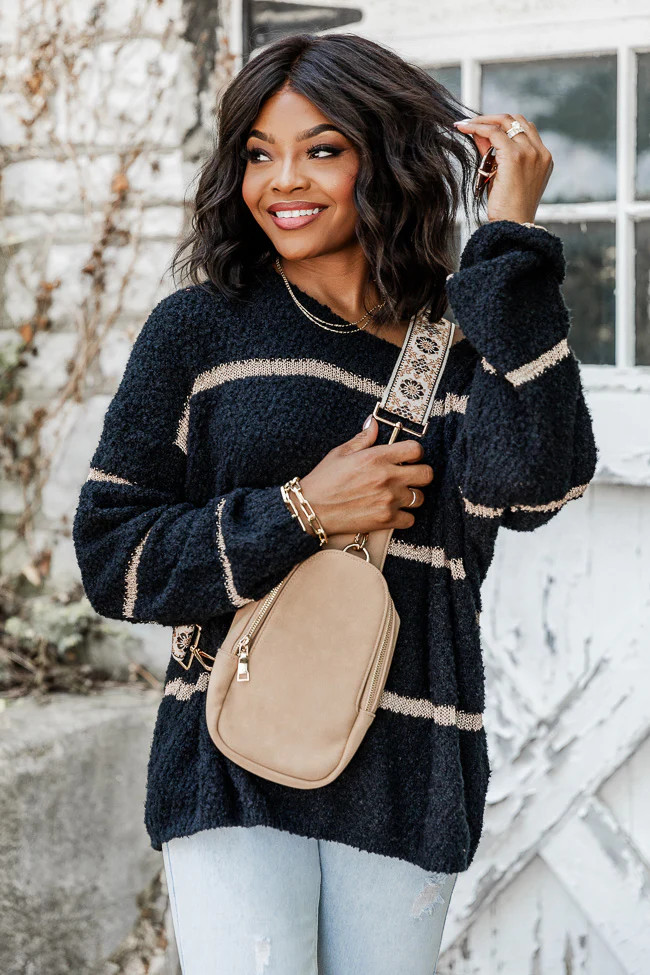 All Day Long Black And Gold Fuzzy Metallic Stripe Sweater | Pink Lily