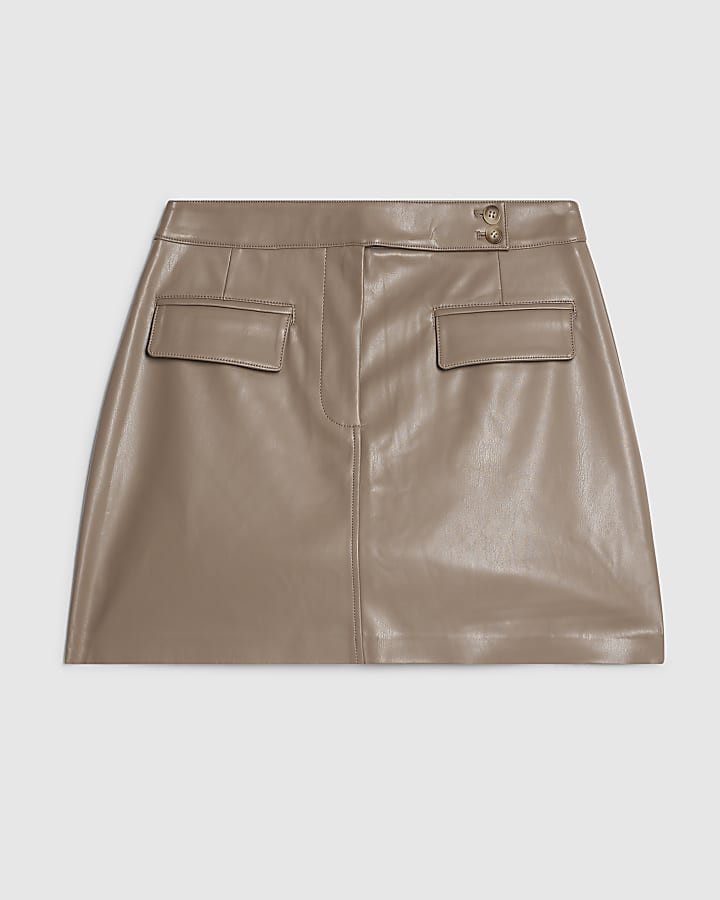 Beige Faux Leather Button Tab Mini Skirt | River Island UK & IE