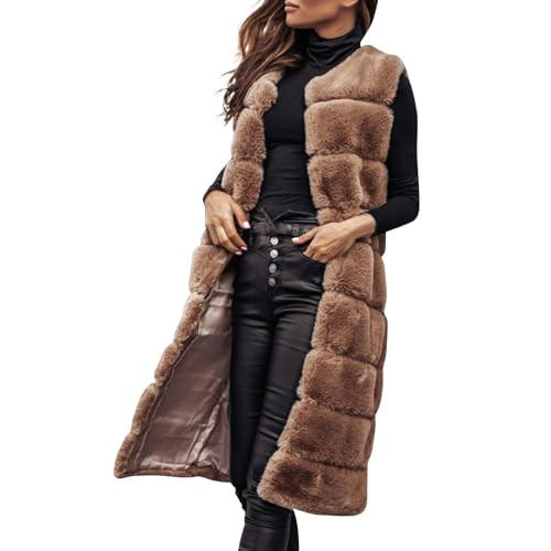 CUCUHAM Faux Fur Vest Jacket Women Long Fur Coats for Women Winter Jackets for Women Long Winter Vests for Women 2024(Xx-Large,Khaki) | Amazon (US)