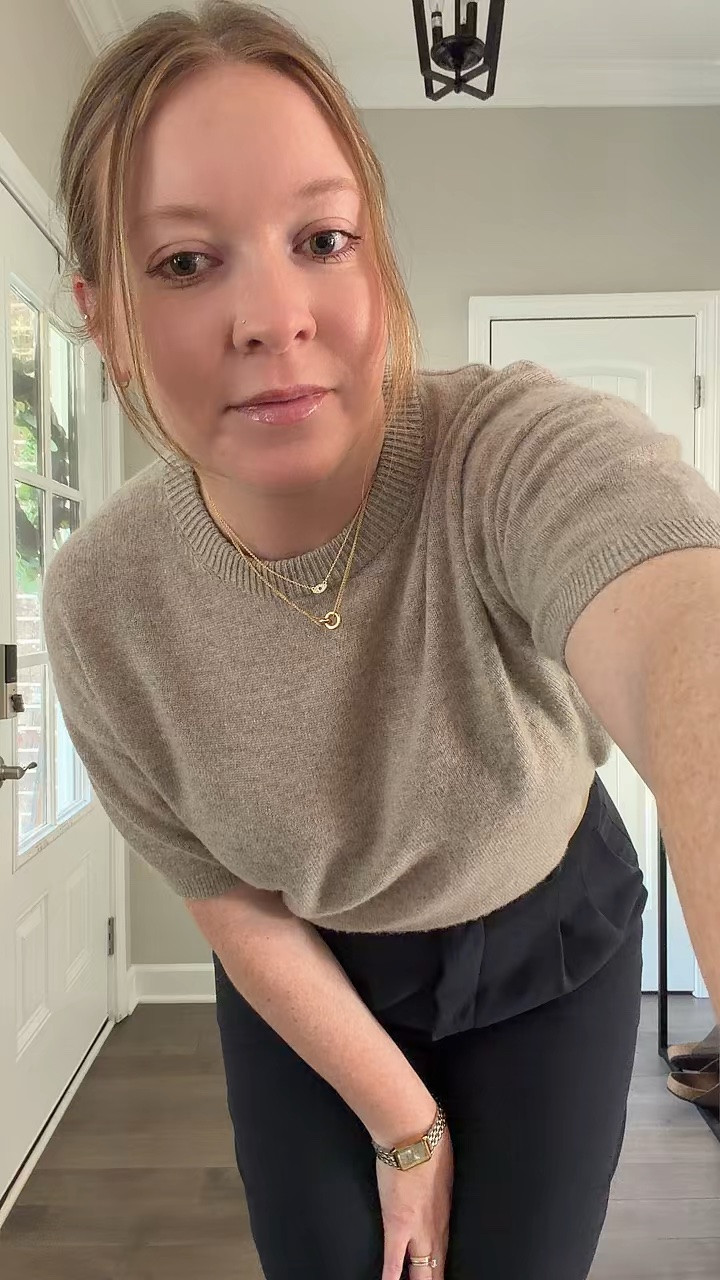 Short sleeve cashmere sweater / tts wearing a medium 
Navy wide leg trousers / I size up one to a 10
Tan pumps / tts 
Gold necklace 
Evil eye necklace 
Two tone watch

#LTKootd #LTKdayinmylife #LTKWorkwear