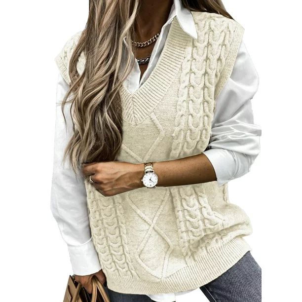 Dokotoo Womens Beige Winter Vest Sleeveless Sweaters Vintage Cable Knitted Tops, US 8-10(M) - Wal... | Walmart (US)