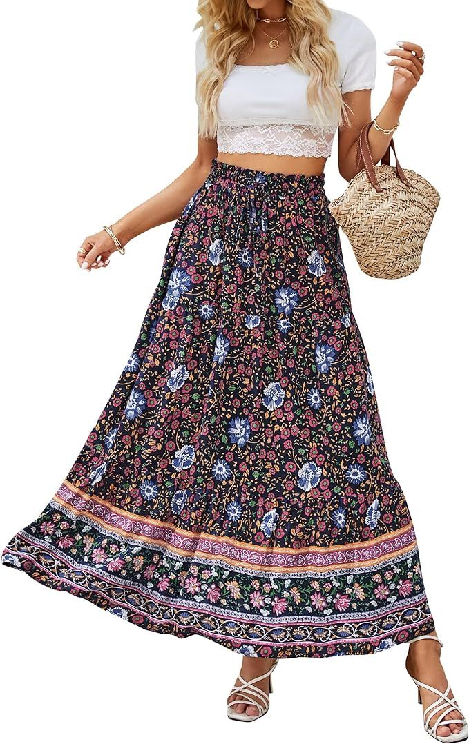 ZESICA Women's 2023 Bohemian Floral Printed Elastic Waist A Line Maxi Skirt with Pockets | Amazon (US)