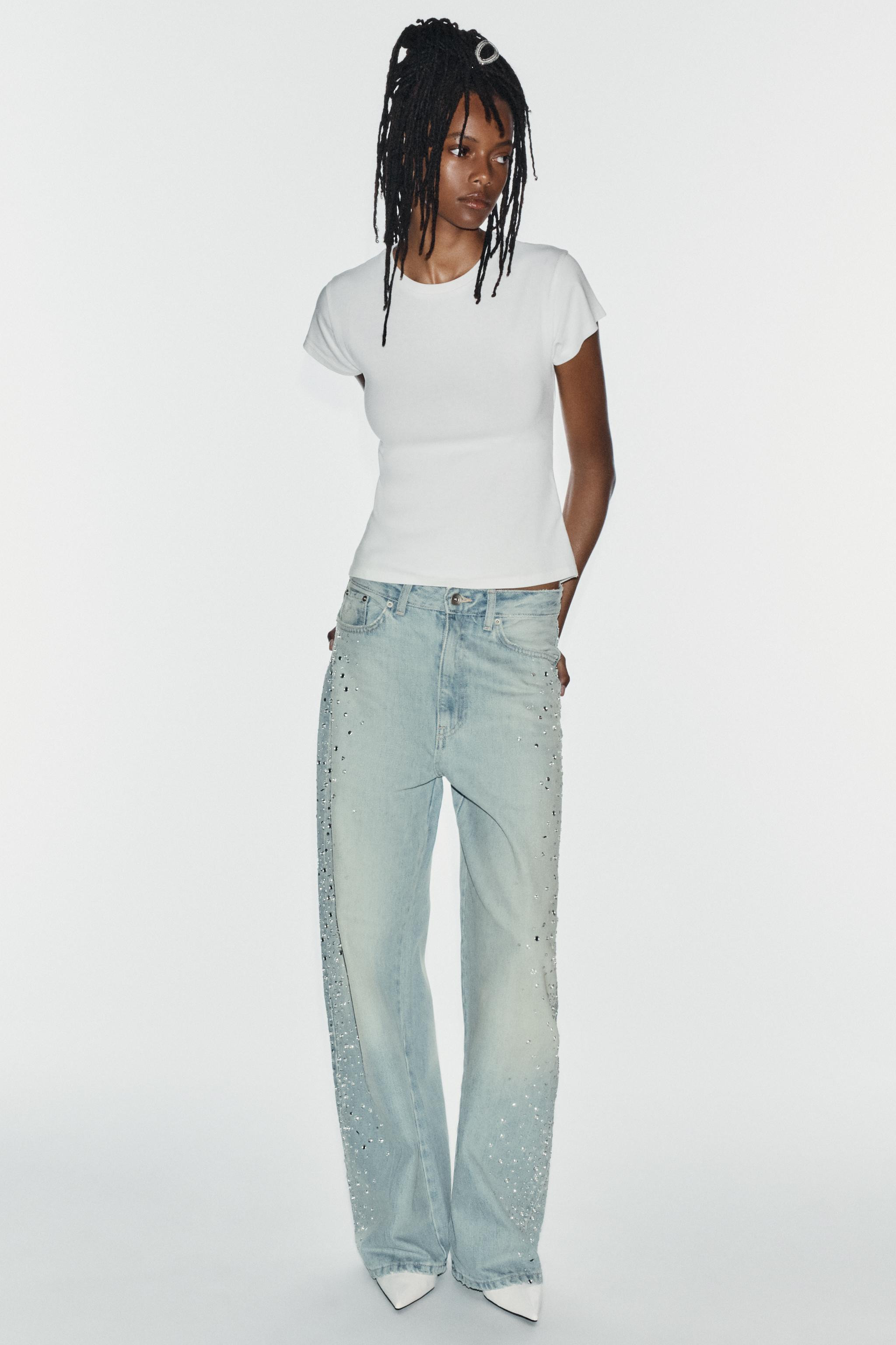 ZW COLLECTION MID-RISE WIDE LEG RHINESTONE JEANS | Zara US
