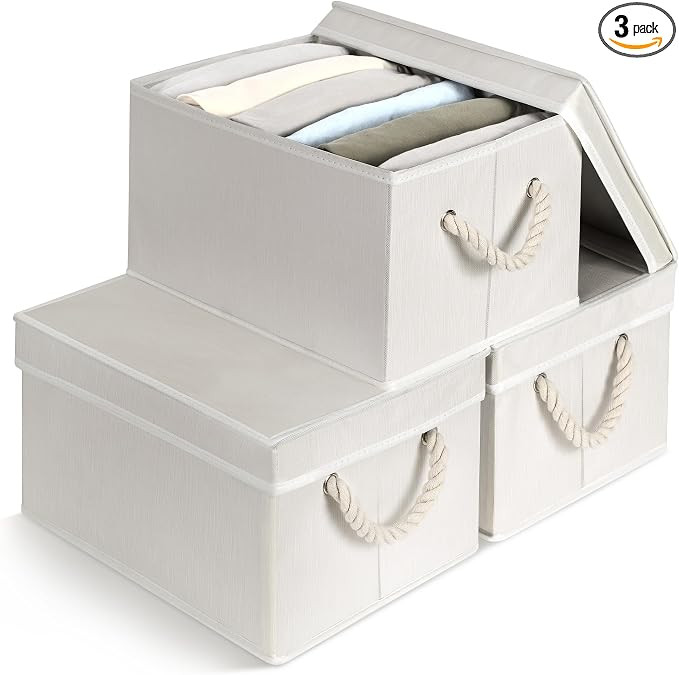 Set of 3 Fabric Bins for Organization - Foldable & Stackable With Lid & Rope Handles - Collapsibl... | Amazon (US)