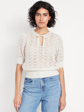 Wool-Blend Puff-Sleeve Tie-Neck Sweater | Old Navy (US)