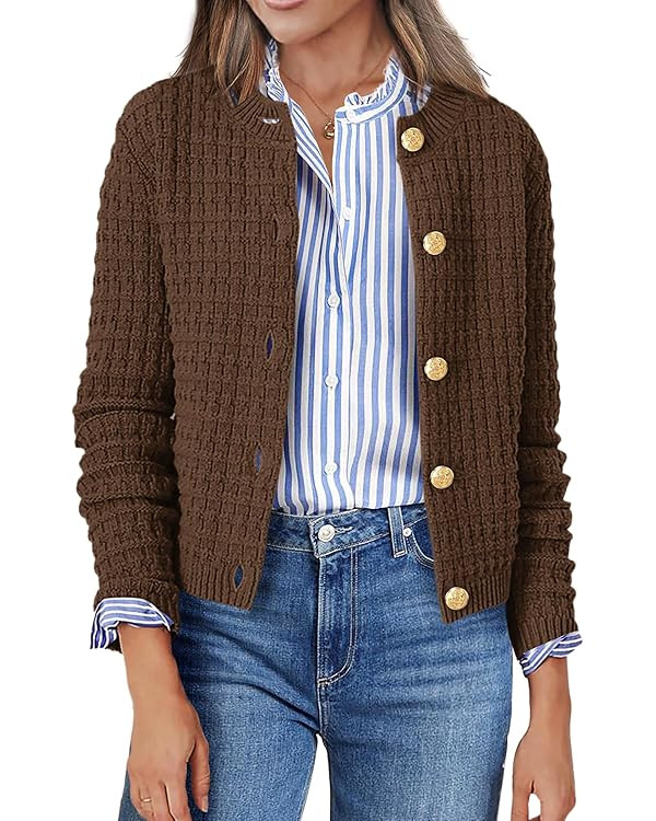 Zeagoo Women's 2024 Cardigan Sweaters Button Down Crew Neck Open Front Long Sleeve Knit Cropped J... | Amazon (US)