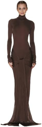 JUMISEE Women's Sexy High Neck Long Sleeve Maxi Dress Elegant Tie Waist Bodycon Long Dress Cockta... | Amazon (US)