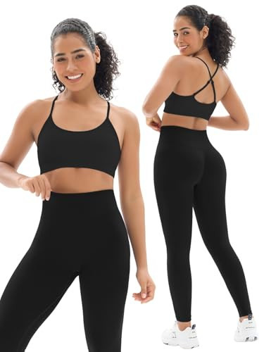 Seamless Workout Sets for Women 2 Piece Adjustable Strappy Sports Bra with High Waisted Butt Lifting Leggings Gym Sets(Our82 Black L) | Amazon (US)