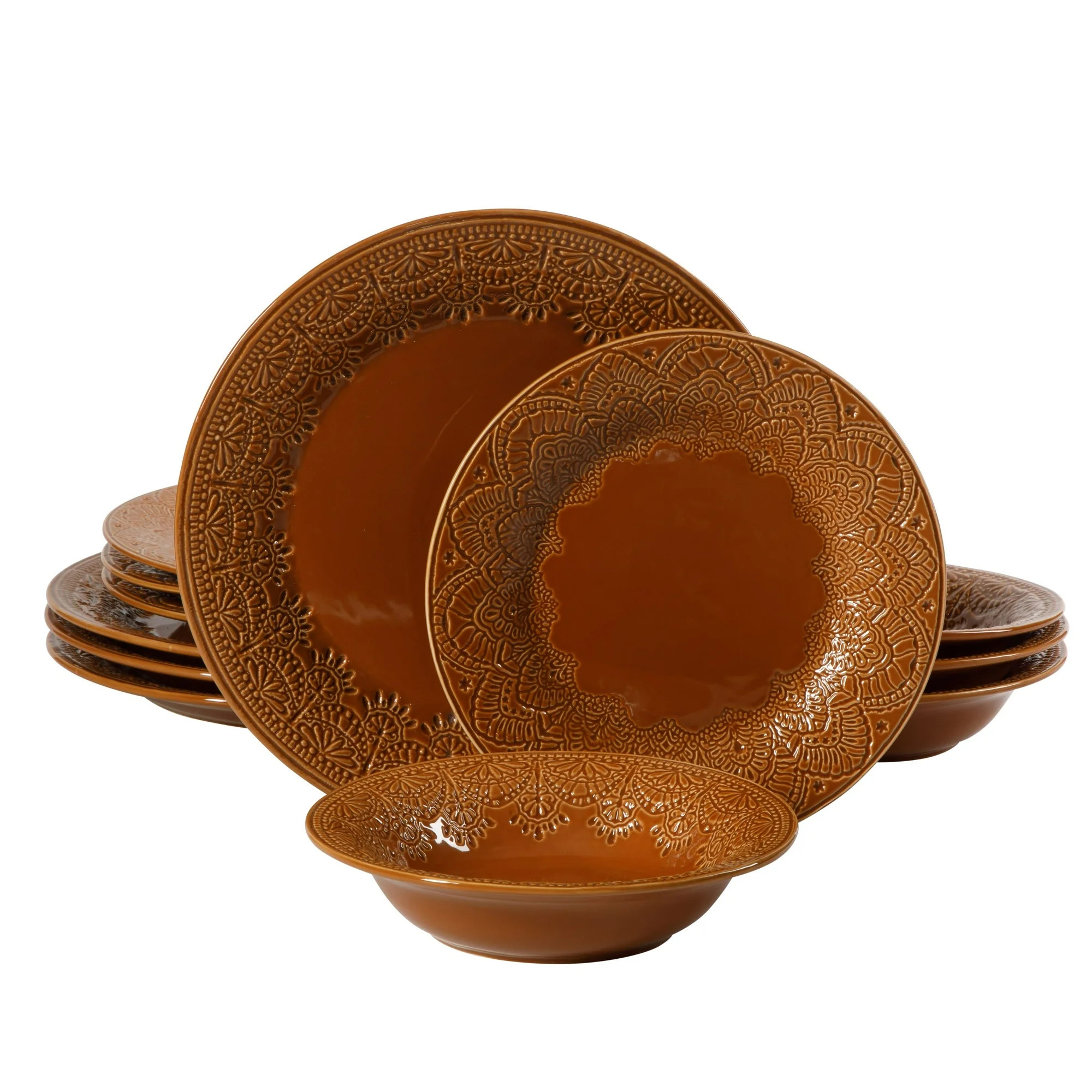 The Pioneer Woman Vintage Lace 12-Piece Ceramic Dinnerware Set, Caramel | Walmart (US)