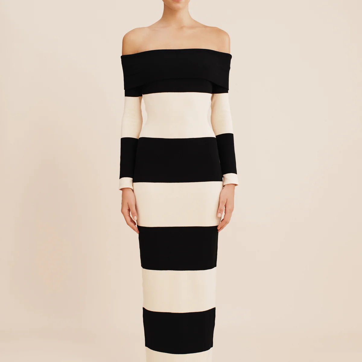 THEO OFF THE SHOULDER DRESS - BLACK STRIPE | POSSE (US)
