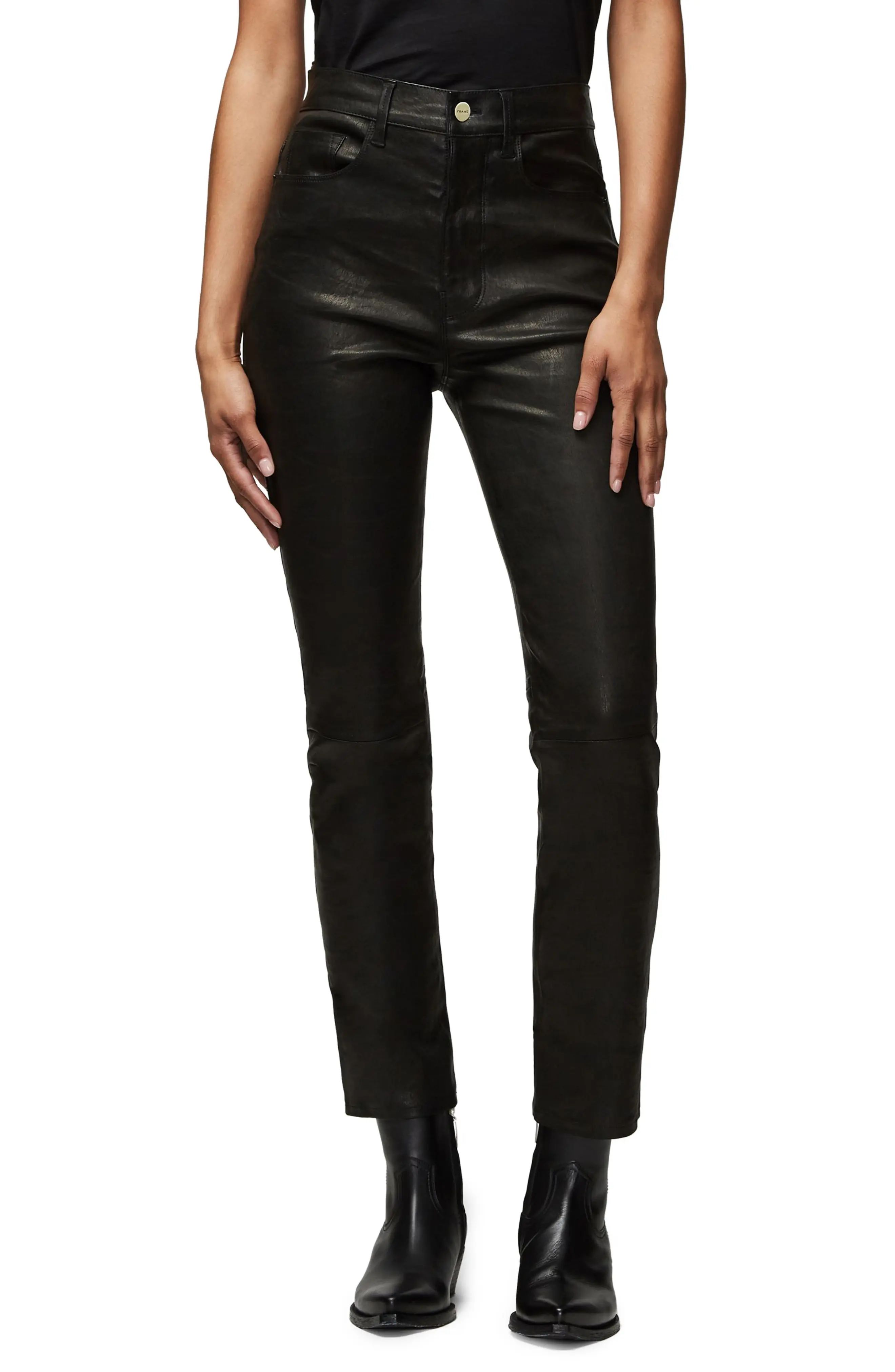 Women's Frame Le Sylvie High Waist Slender Straight Leg Lambskin Leather Pants, Size 30 - Black | Nordstrom