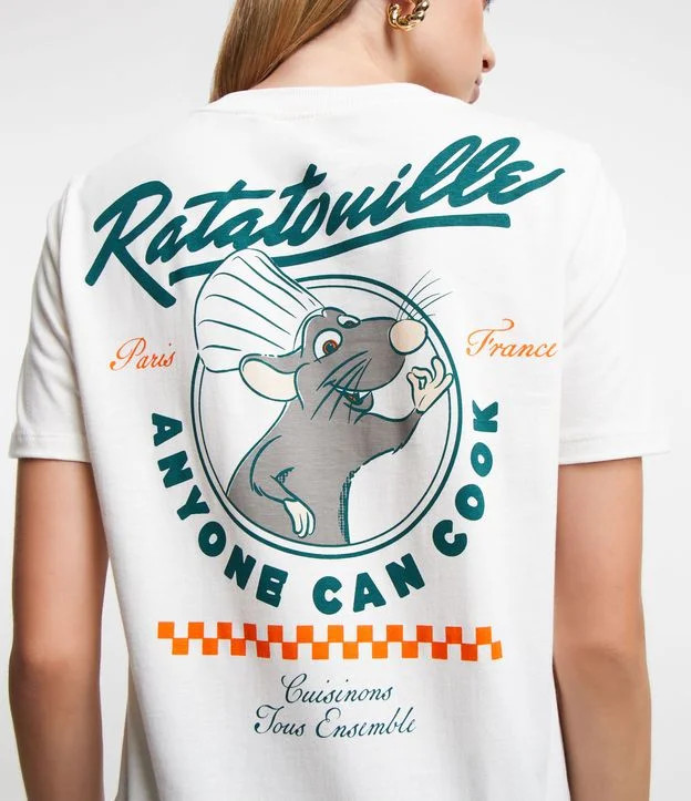 Camiseta Alongada em Meia Malha e Estampa Frente e Costas Ratatouille Branco | Renner (BR)