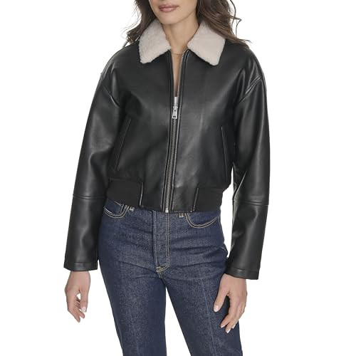 Levi's Women's Faux Leather Bomber with Laydown Collar, Black Sherpa Collar, Medium | Amazon (US)
