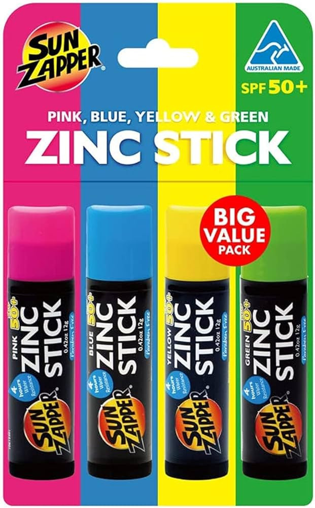 Sun Zapper Zinc Oxide Sunscreen Stick – SPF 50+ Tinted 4-Pack (Pink, Blue, Green, Yellow) – S... | Amazon (US)