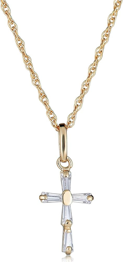 AVORA 14K Yellow Gold Baguette Simulated Diamond CZ Cross Pendant Necklace with 18" Chain | Amazon (US)