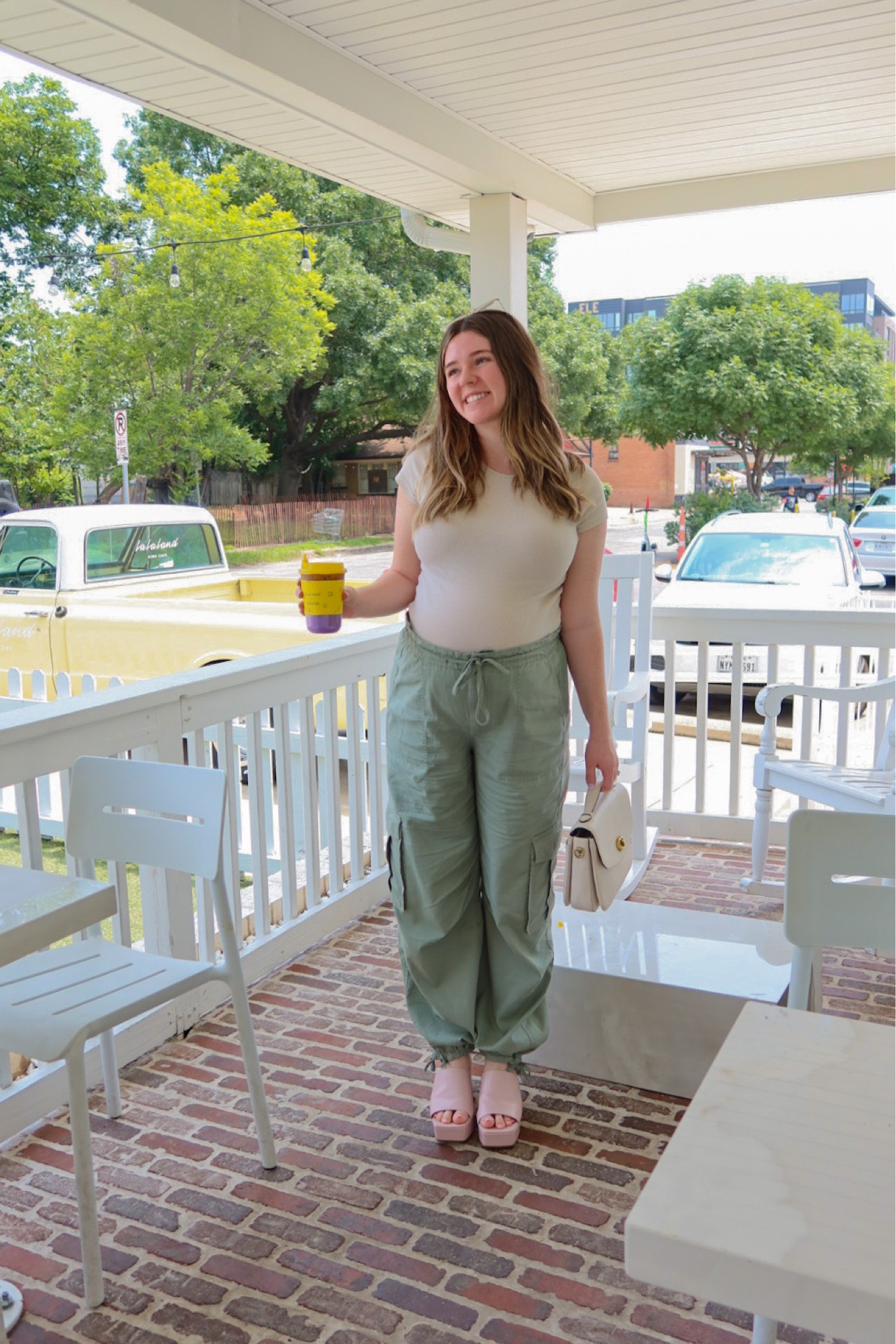 Abercrombie cargo pants 
CottonOn essential tees 
Anthropologie mauve heels 
Coach purse 

Pregnancy outfit, wearing size M pants TTS

#LTKshoecrush #LTKbump #LTKstyletip