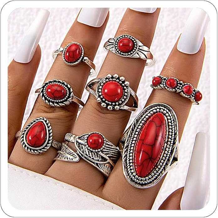 Western Turquoise Ring Set for Women Vintage Turquoise Rings Country Concert Outfits Boho Jewelry... | Amazon (US)