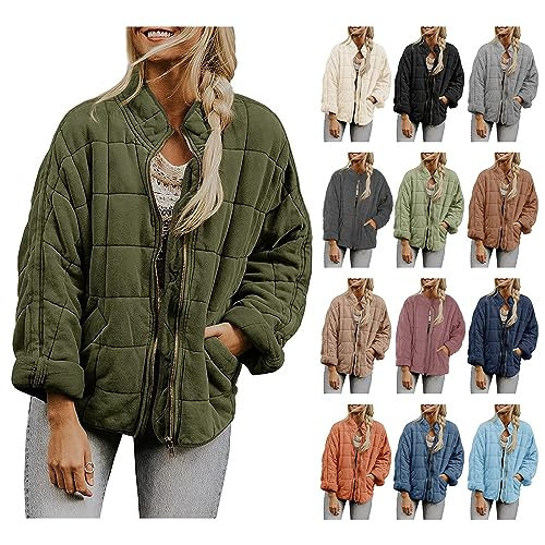 Quilted Jackets for Women Lightweight Puffer Jacket Oversized Casual Zip Up Coats Warm Winter Bomber Outerwear Pockets Army Green | Amazon (US)
