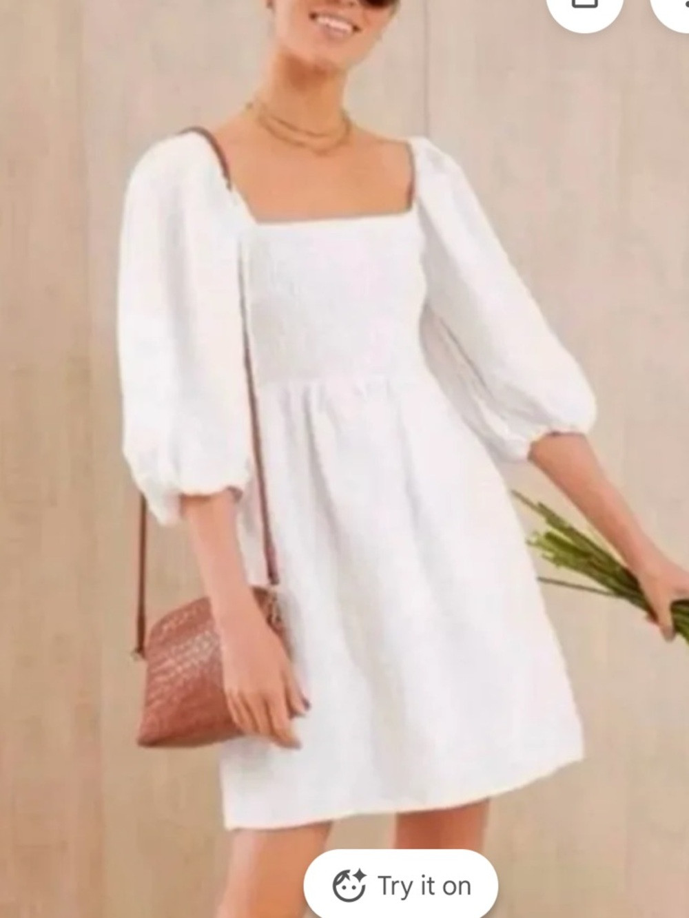 TUCKERNUCK Annie Smocked Balloon Sleeve Linen White Short Mini Dress SIZE Small | Poshmark