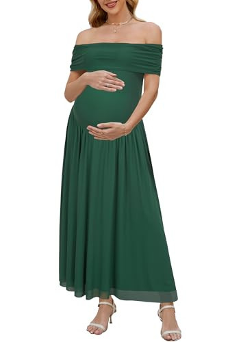 OUGES Women's 2025 Summer Spring Off The Shoulder Mesh Maxi Maternity Baby Shower Dresses for Photoshoot Wedding Guest Sleeveless Formal Pleated Long Pregnancy Must Have Clothes(Dark Green,S) | Amazon (US)